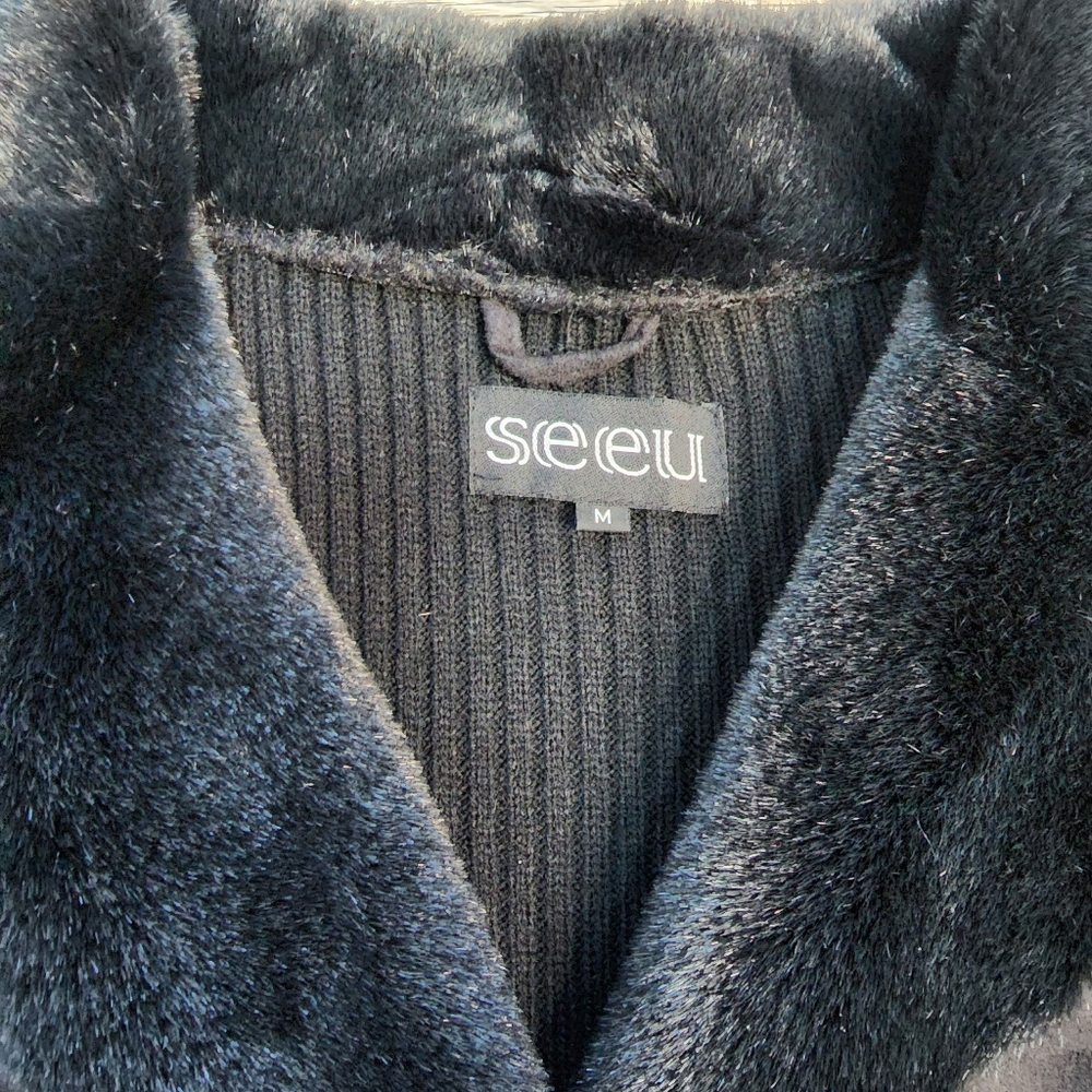 SEEU Black Ribbed Knit Faux Fur Button Down Sweater Jacket - Picture 4 of 16